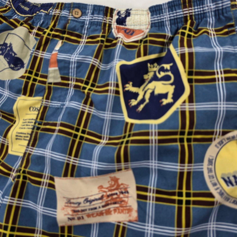 Nat Nast Mens Luxury Swim Trunks Blue Yellow Plaid Graphic Patch Board Shorts XL